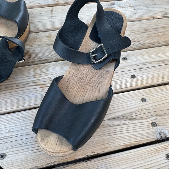 Elegant Black Leather Wooden Mules BJORK Swedish clogs Sandals Peep Toe Size 39 - Picture 6 of 7